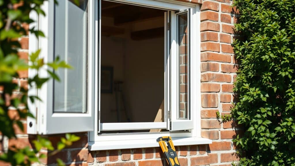 Nieuw kozijn in een Nederlandse bakstenen gevel met oude houten resten en groene tuin op de achtergrond.