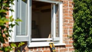 Nieuw kozijn in een Nederlandse bakstenen gevel met oude houten resten en groene tuin op de achtergrond.