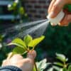 Tuinier spuit groene zeep op een plant met luizen in een Nederlandse tuin.