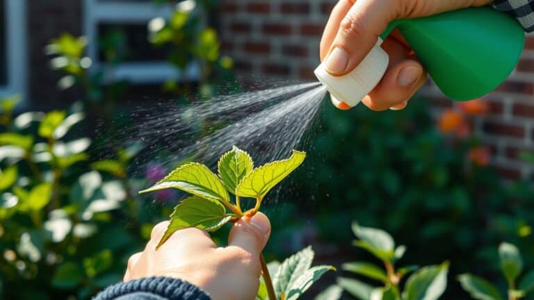Tuinier spuit groene zeep op een plant met luizen in een Nederlandse tuin.