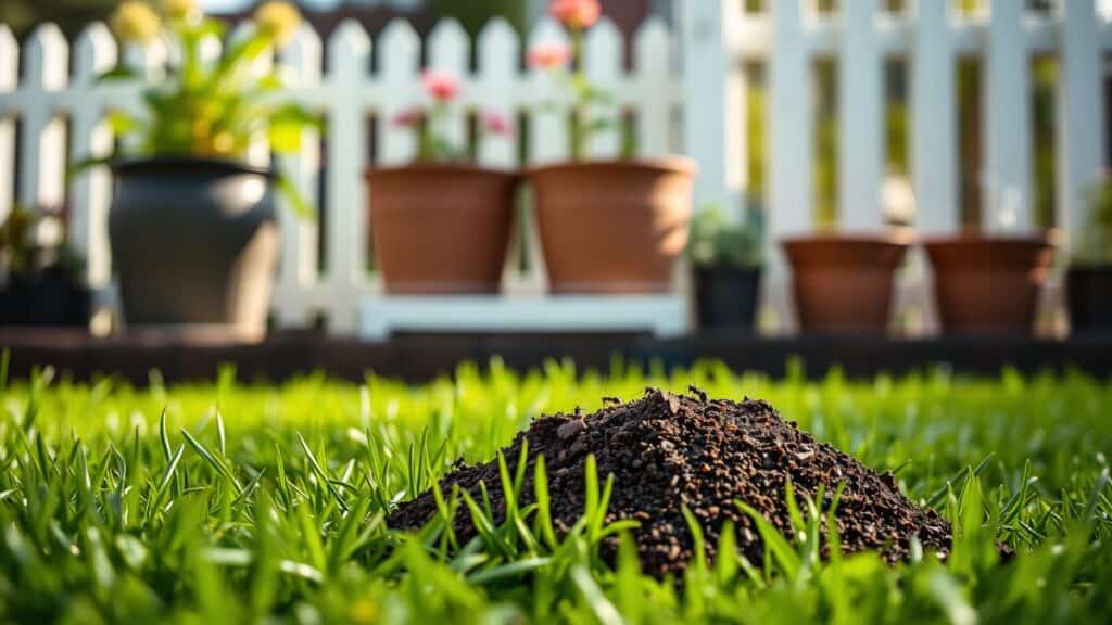 Mierenheuvel in groen gazon met mieren, Nederlandse tuinachtergrond