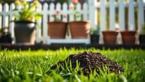 Mierenheuvel in groen gazon met mieren, Nederlandse tuinachtergrond