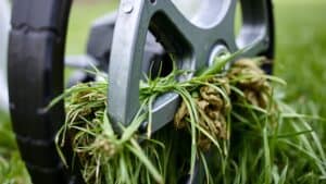 Grasmaaier verstopt met natte kluiten gras in een Nederlandse tuin.