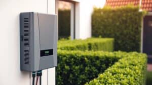 Drie-fasen omvormer aan de gevel van een Nederlands huis met zonnepanelen en groene tuin op de achtergrond.