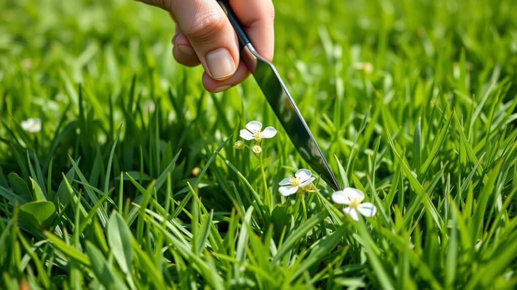 Hand met een onkruidhark die witte klaver uit een groen gazon in een Nederlandse tuin trekt.