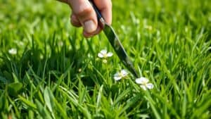 Hand met een onkruidhark die witte klaver uit een groen gazon in een Nederlandse tuin trekt.
