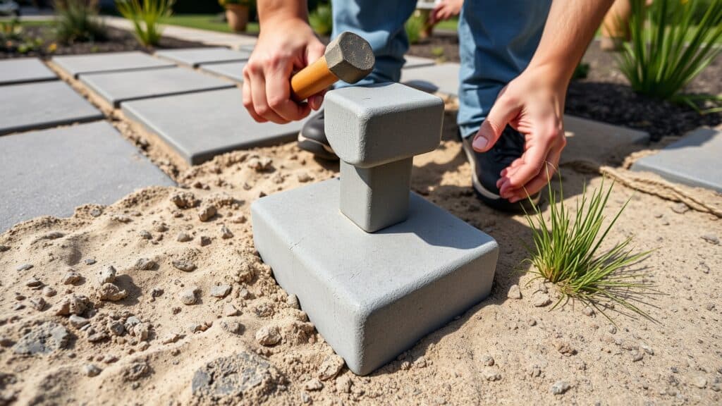Honden die een betonnen opsluitbandje in het zand tikken tijdens het leggen van bestrating in een Nederlandse tuin.