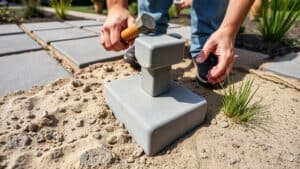 Honden die een betonnen opsluitbandje in het zand tikken tijdens het leggen van bestrating in een Nederlandse tuin.