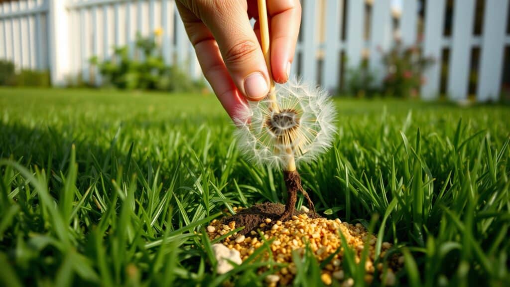Hand trekt paardenbloem met wortel uit gazon in Nederlandse tuin, organische mest zichtbaar.
