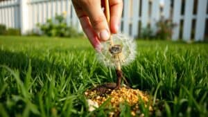 Hand trekt paardenbloem met wortel uit gazon in Nederlandse tuin, organische mest zichtbaar.