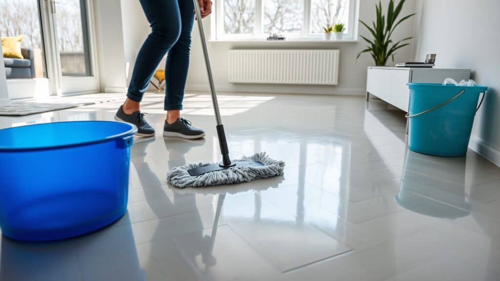 Persoon die een glanzende visgraat PVC vloer dweilt in een heldere Nederlandse woonkamer.