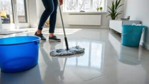 Persoon die een glanzende visgraat PVC vloer dweilt in een heldere Nederlandse woonkamer.