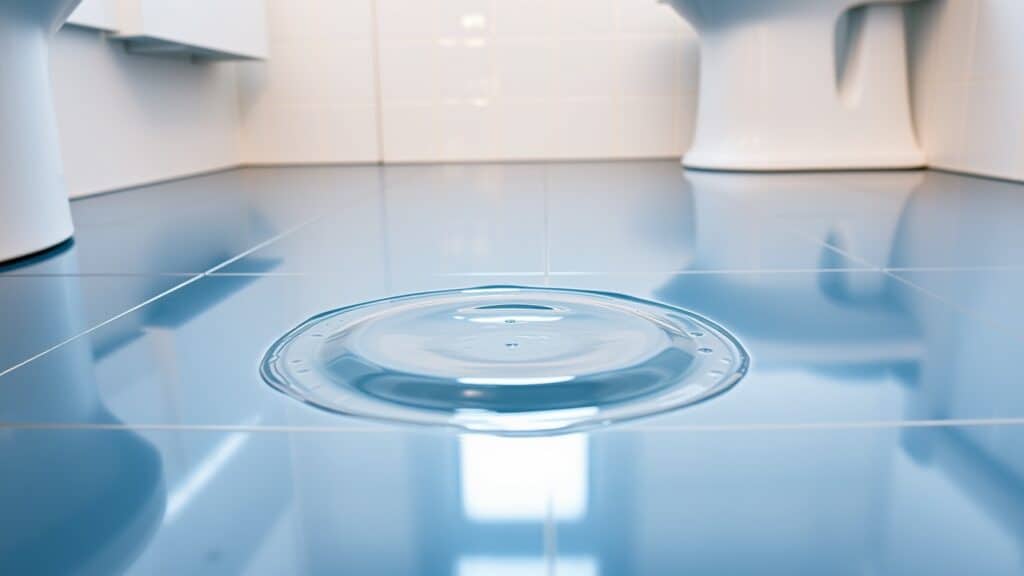 PVC vloer in badkamer met waterplek, waterdicht en kromvrij.