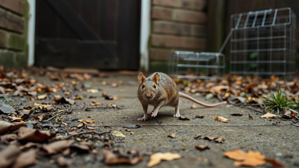 Bruine rat in een Nederlandse tuin met een dichte deur en een val in de achtergrond.