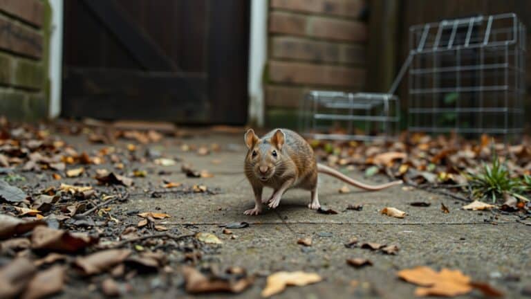 Bruine rat in een Nederlandse tuin met een dichte deur en een val in de achtergrond.
