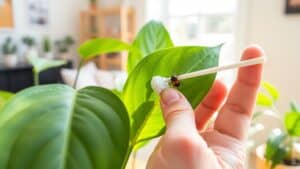 Hand met wattenstaafje verwijdert schildluis van een groen kamerplantblad in een Nederlandse woonkamer.