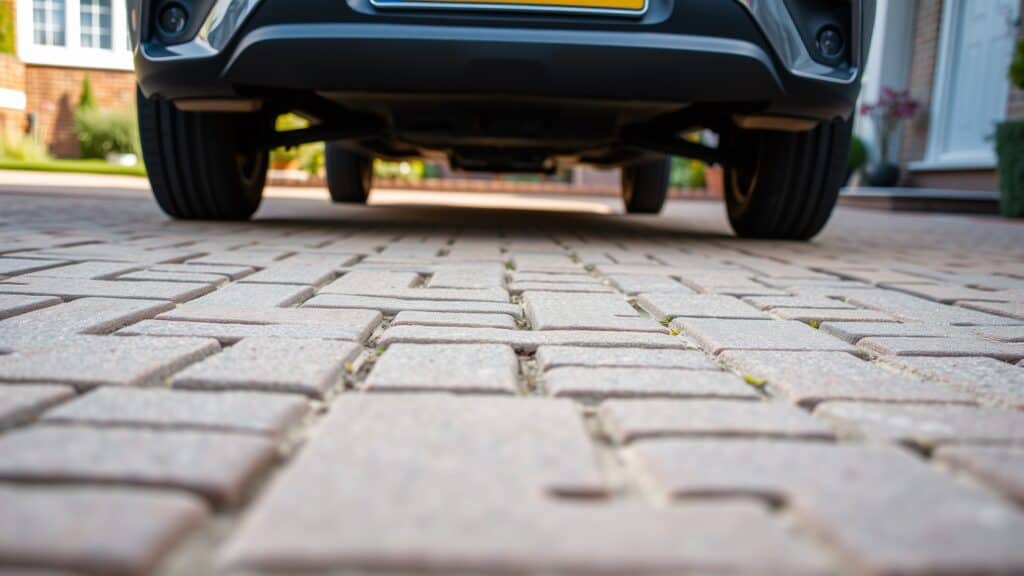 Stevige betonstenen en klinkers op een nette Nederlandse oprit met een geparkeerde auto.
