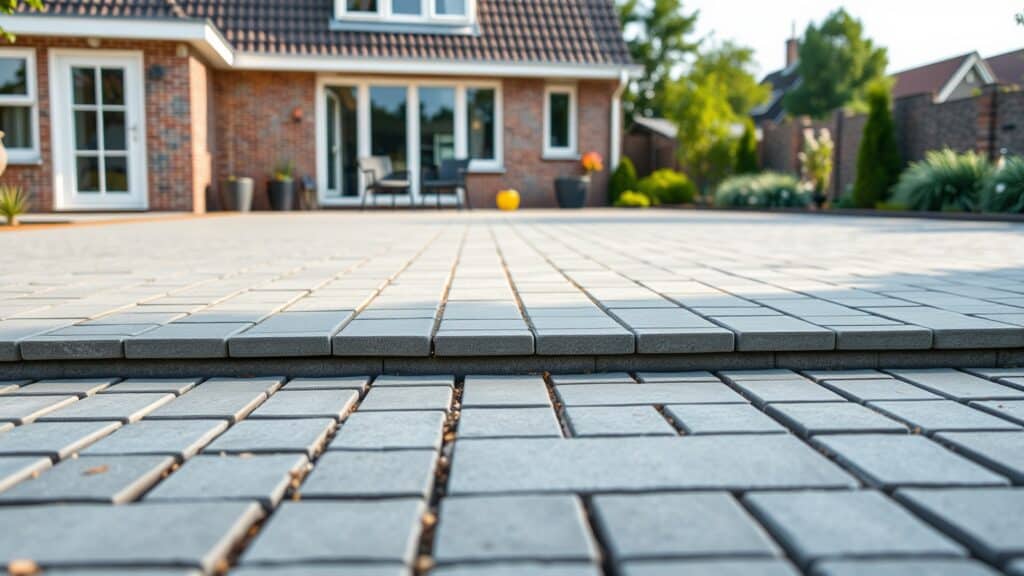 Nieuw aangelegd terras met grijze tegels in een Nederlandse tuin, vlak en stabiel.