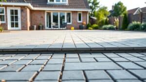 Nieuw aangelegd terras met grijze tegels in een Nederlandse tuin, vlak en stabiel.
