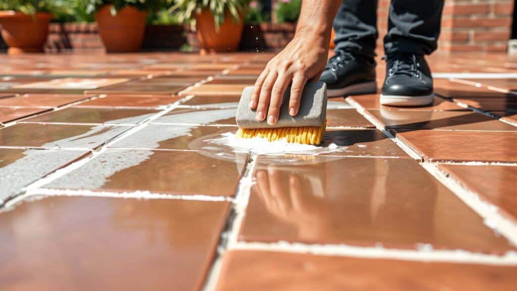 Mens die witte cementresten van nieuwe terrastegels afspoelt met een spons in een Nederlandse tuin.