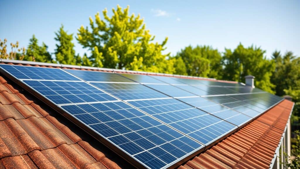 Zonnepanelen op een dak in een Nederlandse tuin onder een heldere blauwe lucht.