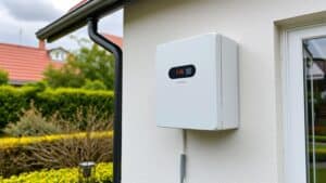 Thuisbatterij aan de muur van een Nederlands huis met display, in een tuin zonder zonnepanelen.