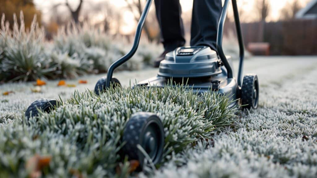 Gazonmaaier maait het laatste gras in een Nederlandse tuin met rui op de achtergrond.