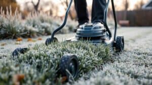 Gazonmaaier maait het laatste gras in een Nederlandse tuin met rui op de achtergrond.