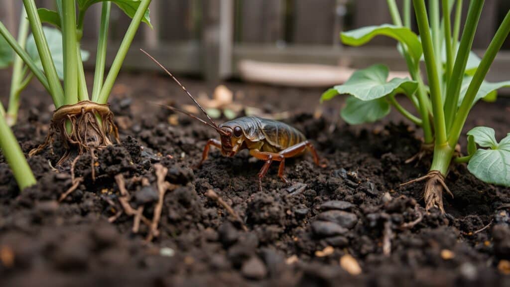 Grote veenmol die in vochtige grond graaft in een Nederlandse moestuin.