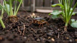 Grote veenmol die in vochtige grond graaft in een Nederlandse moestuin.