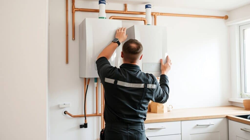 Monteur verplaatst cv-ketel naar nieuwe plek in moderne Nederlandse keuken met koperen leidingen.