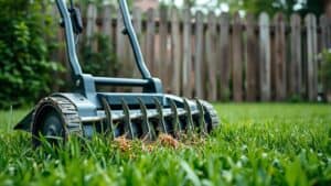 Verticuteermachine die verticaal door het gras snijdt in een Nederlandse tuin.