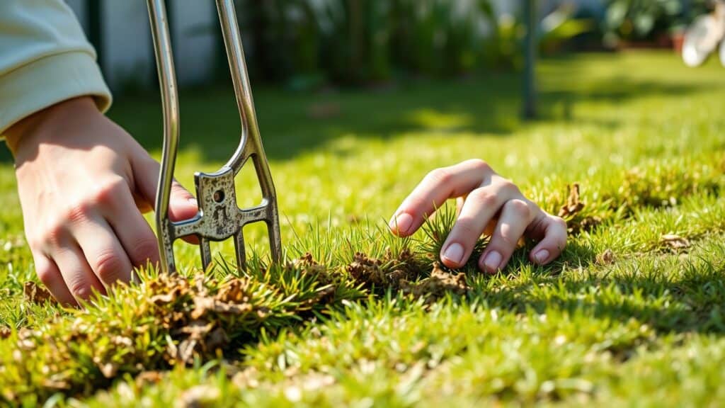 Handen die met een vork mos en dode gras uit een klein stukje gazon trekken.