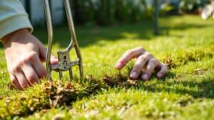 Handen die met een vork mos en dode gras uit een klein stukje gazon trekken.