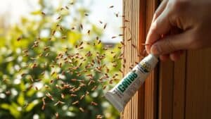 Vliegende mieren bij een Nederlandse tuinpoort met een hand die een kitbuis vasthoudt om de opening te dichten.