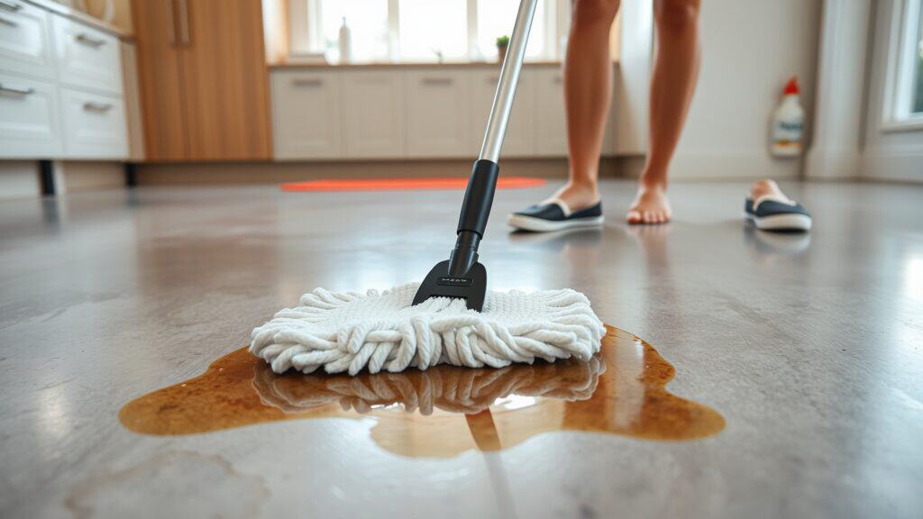 Persoon die een vettige vlek op een betonnen vloer in een Nederlandse keuken schoonmaakt met een dweil.