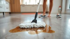 Persoon die een vettige vlek op een betonnen vloer in een Nederlandse keuken schoonmaakt met een dweil.