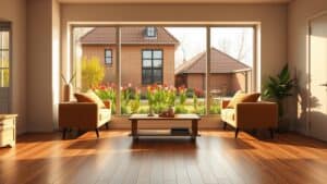 Moderne woonkamer met een warme eikenhouten vloer en uitzicht op een traditionele Nederlandse tuin.