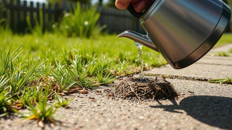 Hand giet kokend water in een mierenhoop in de tuin, met zichtbare mieren en groen gras op de achtergrond.