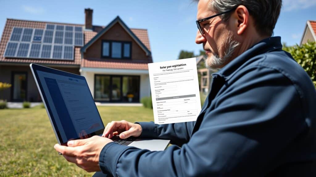 Mens die zonnepanelen aanmeldt bij netbeheerder via laptop in Nederlandse tuin