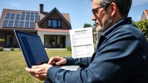 Mens die zonnepanelen aanmeldt bij netbeheerder via laptop in Nederlandse tuin