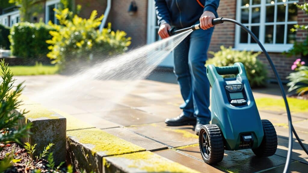 Persoon die een stenen terras reinigt met een hogedrukreiniger in een Nederlandse tuin.