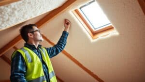 Man legt isolatie aan in de zolder van een Nederlands huis met nieuw HR++ glas.
