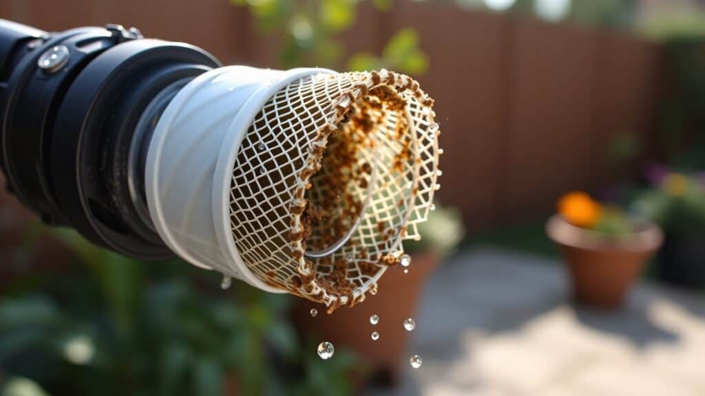 Verstopt filter aan de waterslang van een hogedrukreiniger in een Nederlandse tuin.