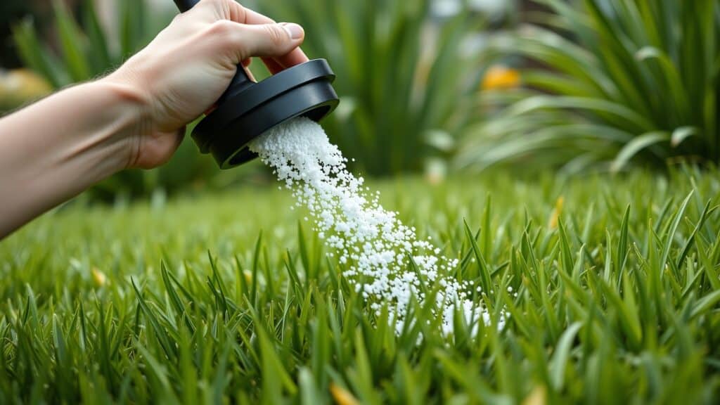 Hand strooit witte kalkkorrels op een groen gazon in een Nederlandse tuin om de bodem te neutraliseren.