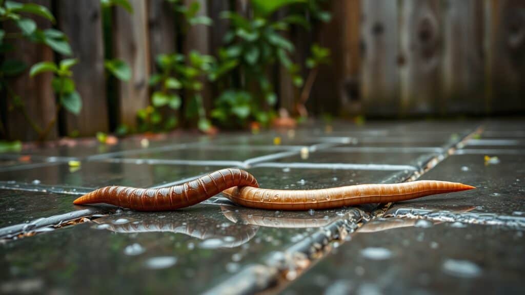 Regenworm op natte terras tegels in een Nederlandse tuin na een flinke bui.