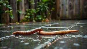 Regenworm op natte terras tegels in een Nederlandse tuin na een flinke bui.