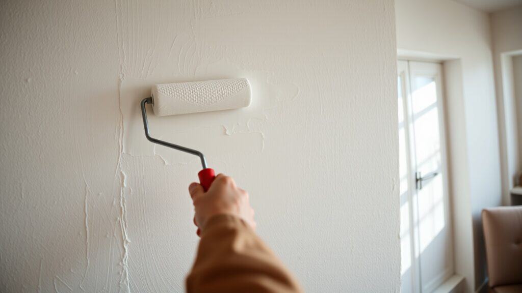 Persoon die stucwerk schildert met een roller in een heldere Nederlandse woonkamer.