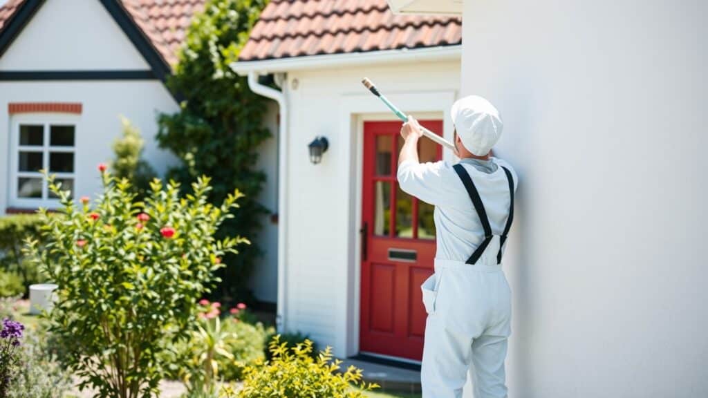 Schilder aan het werk aan de gevel van een Nederlandse woning in de tuin, illustratie voor het 21% btw-tarief.