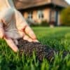 Hand strooit bloedmeel op een groen gazon in een Nederlandse tuin in het vroege voorjaar.